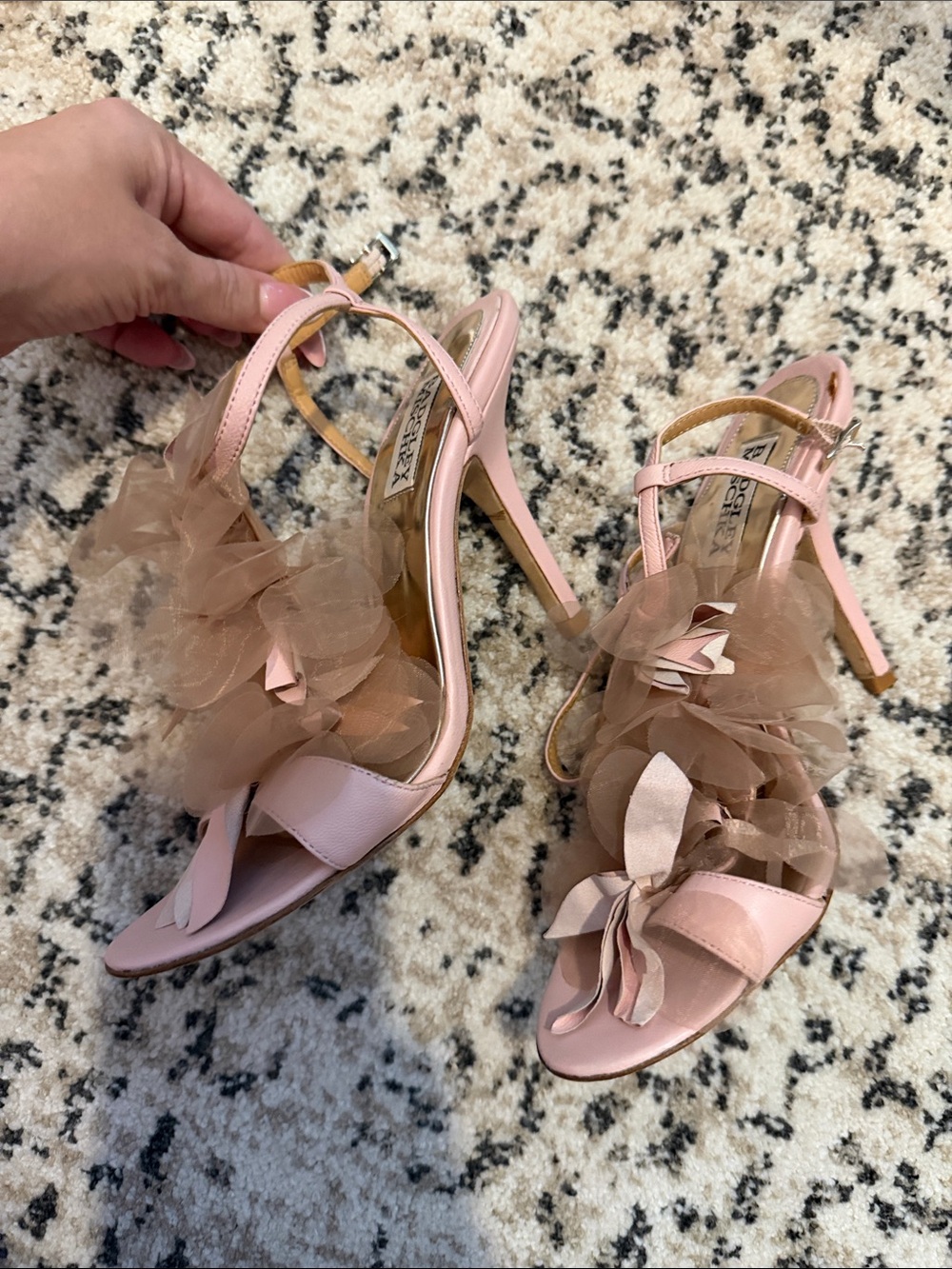 Badgley Mischka Pink and Beige Floral AppliquΓ© High Heel Sandals